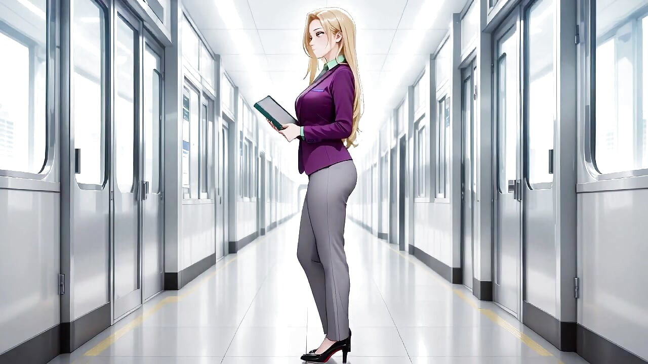 Blonde baas in paars pak! Privémomenten van kantoortreinen. Ze multitaskt met bestanden terwijl ze stiekem haar rok aanpast ...