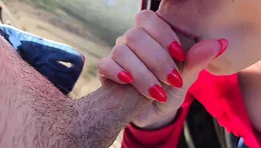 Busty wife suck my dick in car and swallow all cum