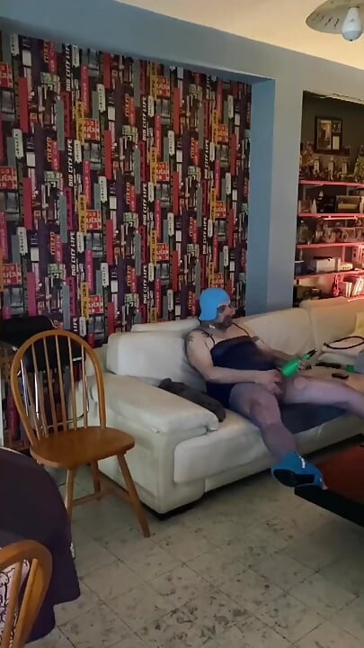 Dirty sissy whore in blue outfit playing hard ass to mouth sex