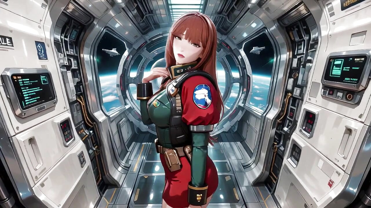 Inside the Sci-Fi Train, she wears a tight green armor, touching her red lips while gazing at the galaxy through the porthole.