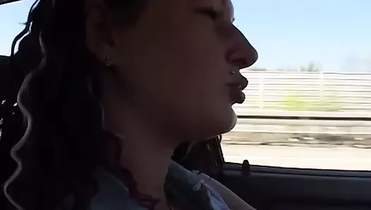 Small titted German babe sucking a hard pecker in the car