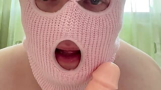 Linasissyboy in a chastity belt shows herself off, teases you and sucks a dildo deepthroating