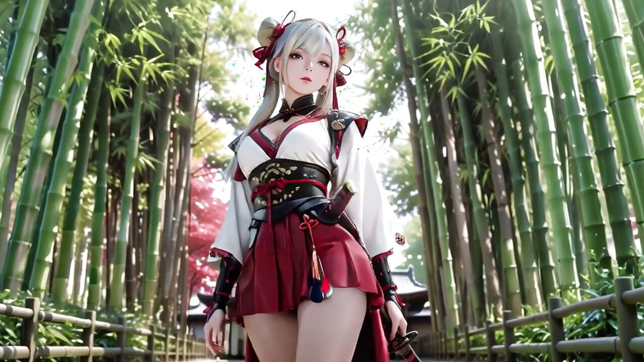 Red & White Kimono Warrior! Kneeling on Tatami with Dual Blades, Silver-Haired Girl's Mesmerizing Gaze.