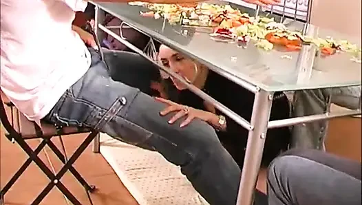 Sexy brunette babe big dick sucking in the kitchen...cum in mouth