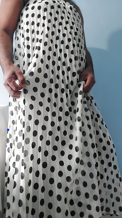 I'm masterbating wearing a Silk Seethrough chiffon black and white polka dots pleated Skirt