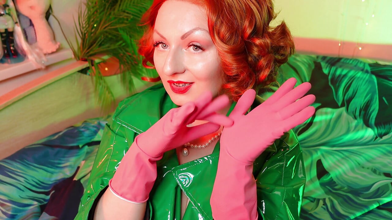 Pretty pin up model Arya and pink latex household gloves