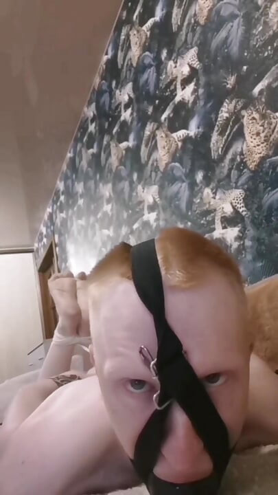 Hogtied Barefoot ballgagged skinny guy by burgular with huge ballgag im mouth
