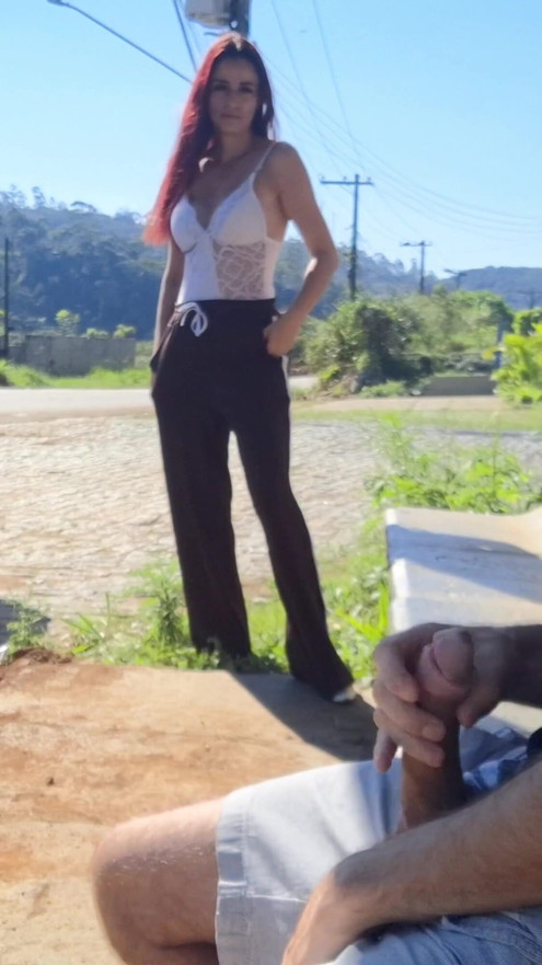 Risky handjob to stranger at bus stop in public! | Clip 1