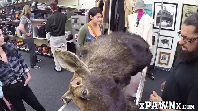 Cuties earn some money by sharing a cock in the pawnshop