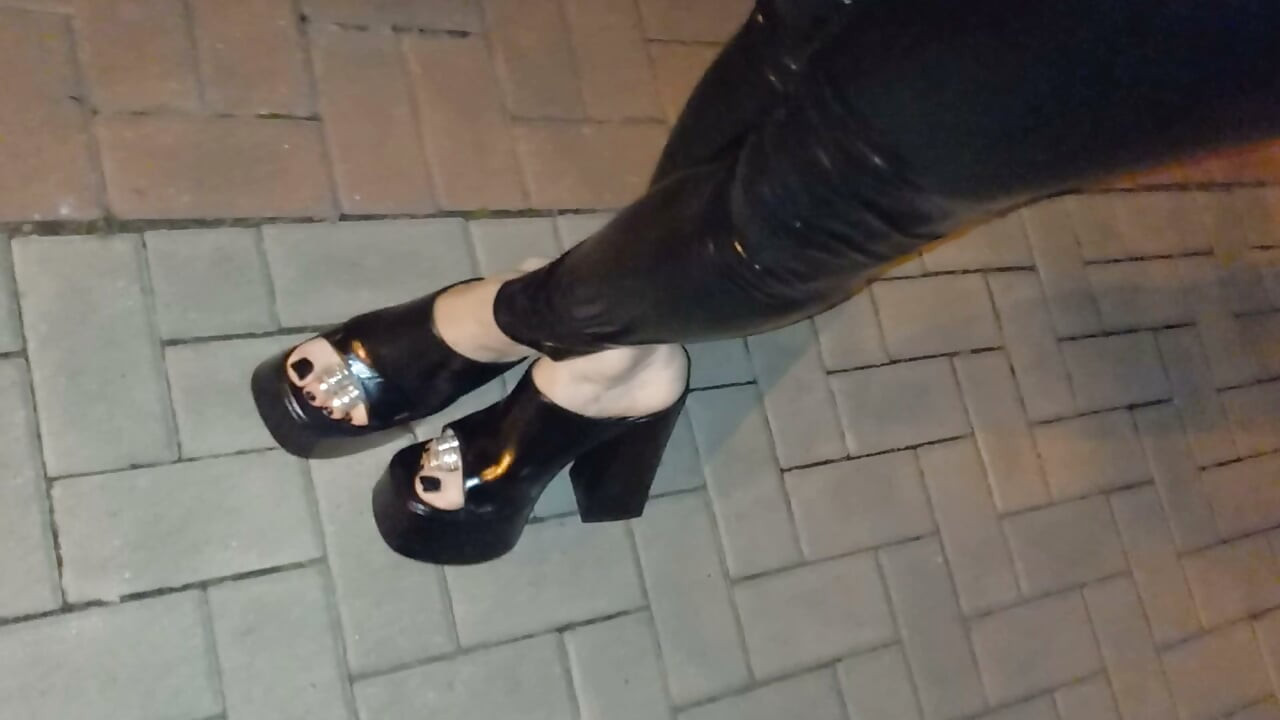 Alone at Night in Ultra-Tight Latex and Platform Mules Just to Make Men Stare and Drool