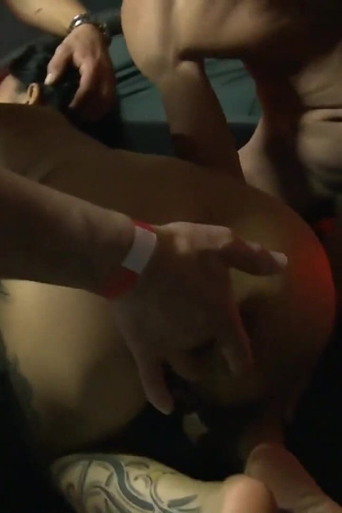 Hot girl sucks three huge cocks while getting finger fucked