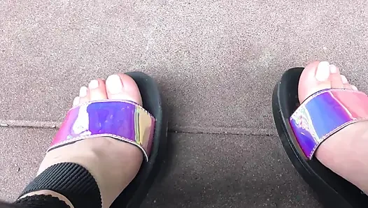 My new shiny sandals and toes tease outdoor
