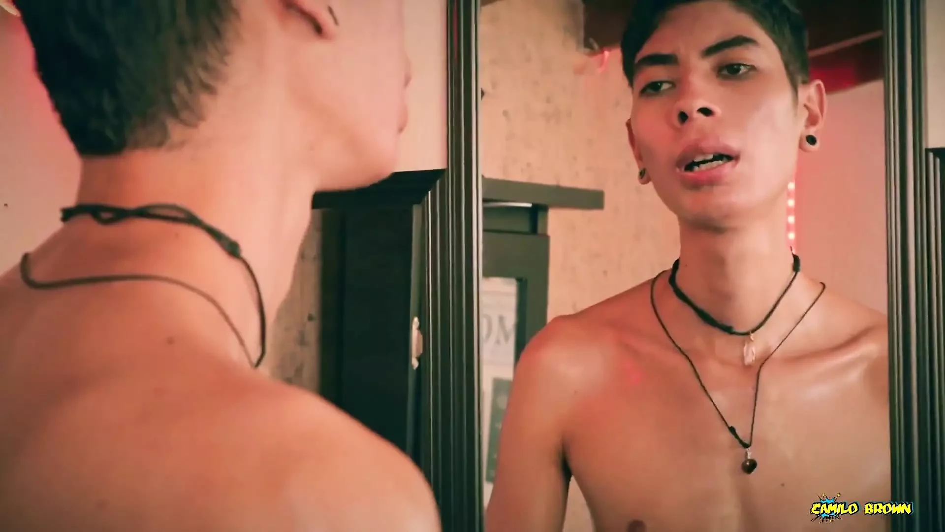 Hot Skinny Twink Jerking His Big Cut Cock in Front of the Mirror