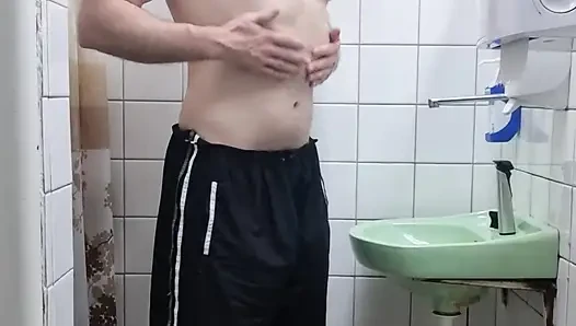 Shaving chest and cock in shower