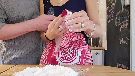 Hot wife with amazing natural tits gets her pussy filled while working in the kitchen.