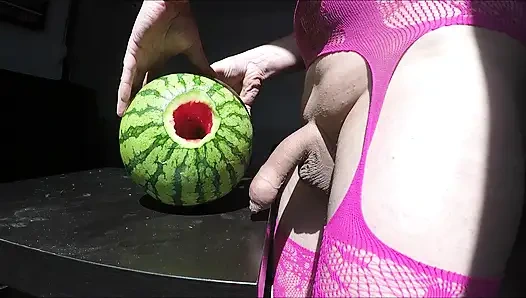 trans fucking a watermelon and cum