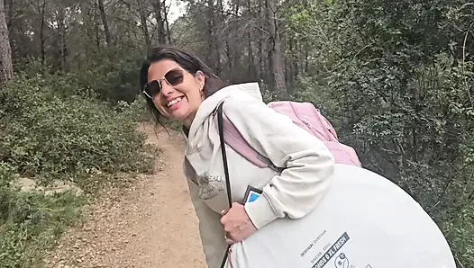 Hot girl has sex in the jungle in public and receives a cumshot in her mouth