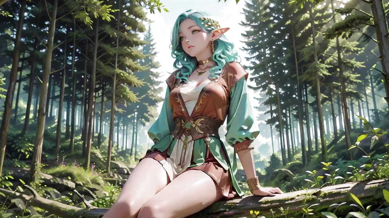 森林幻想！绿发法师与蓝精灵的私密漫步，跪在斑驳阳光下，手持挑逗的魔杖。
