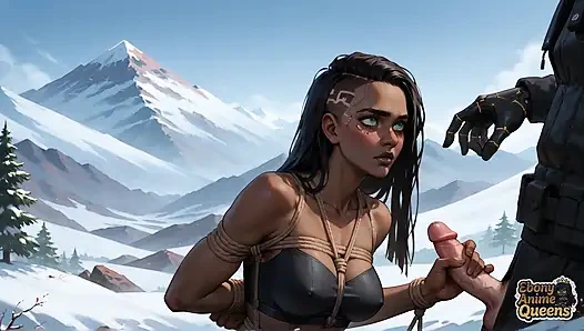 Черная сладкая вступает на четвереньки на снежной вершине горы, подготовленной для гигантского долота и супер-трах-горячего XXX