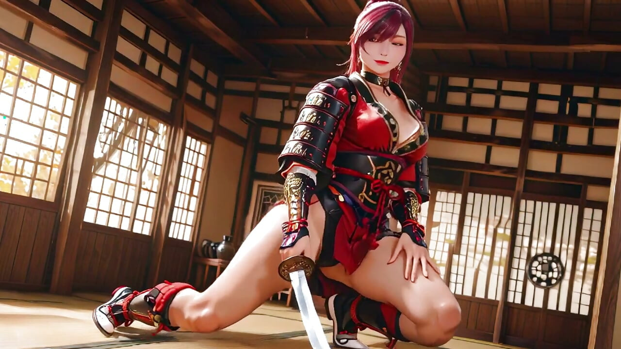 Crimson Samurai! Red-haired warrior kneeling in the sun, transitioning from silent grace to explosive sword strikes.