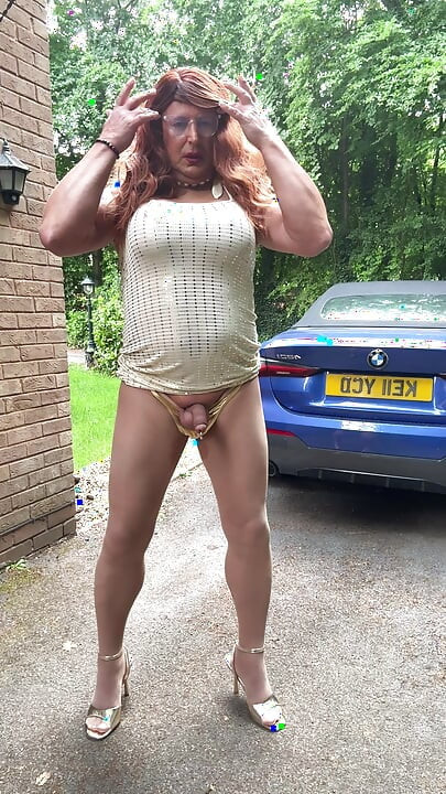 Sexy kellycd2022 in gold backless dress and seamless pantyhose and heels