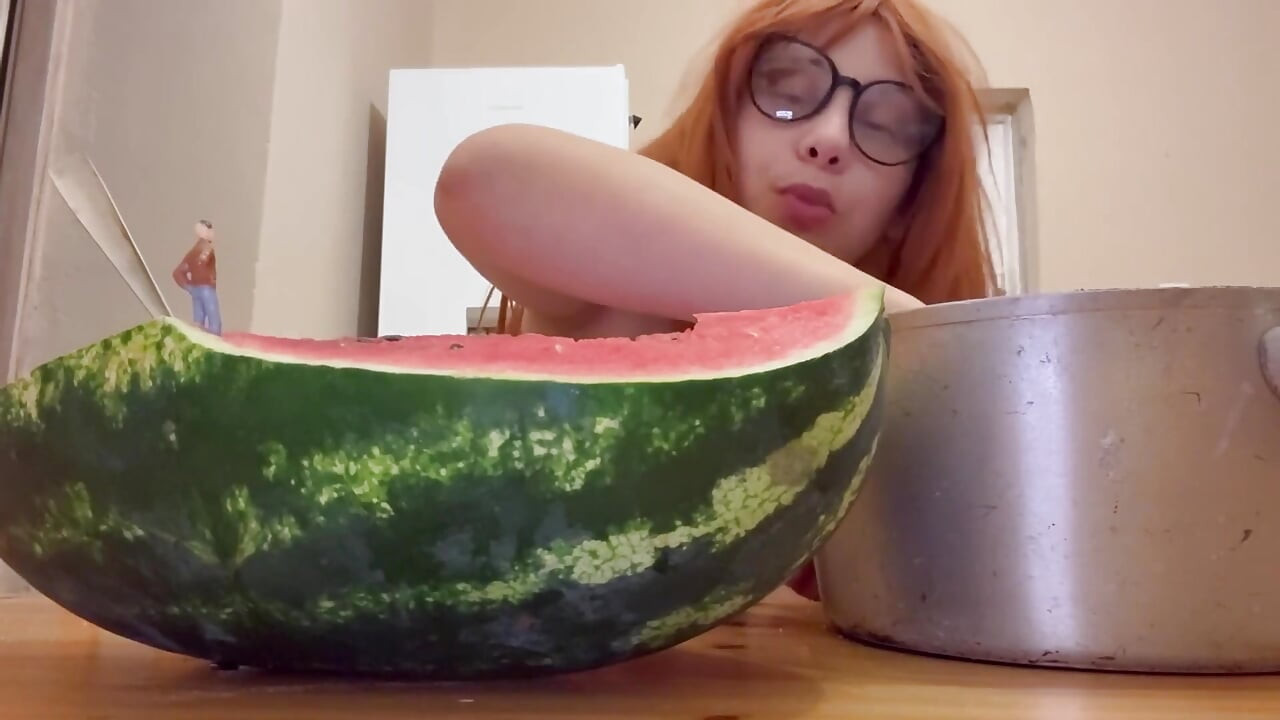 Giantess Stepsister Eats Watermelon and Is Really Horny While Tiny Stepbrother Watches Giantess Stepsister Eat