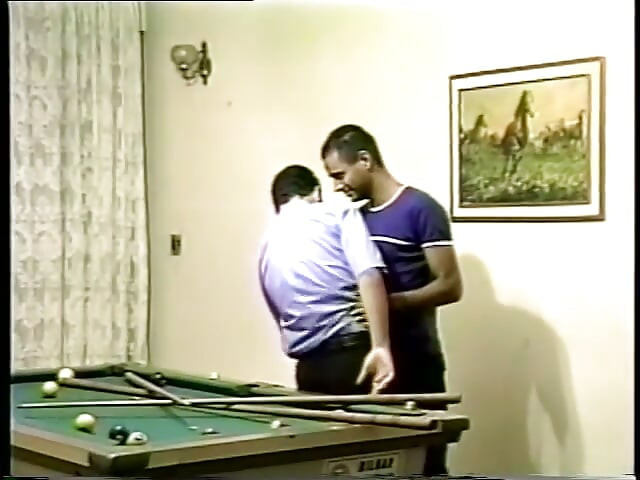 Sexy guy leans over pool table and takes long hard cock up his ass