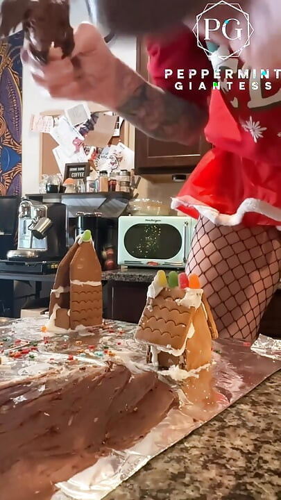 73 Giantess in 8-inch Heels Decorates a Gingerbread Village