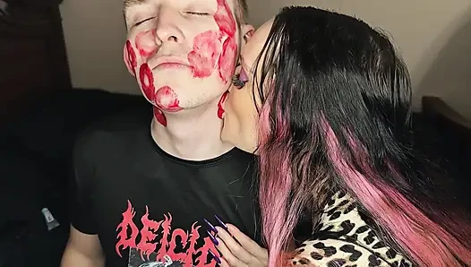 Juicy Sticky Loud Aggressive Kisses All Over a Guy's Face with Red Lipstick