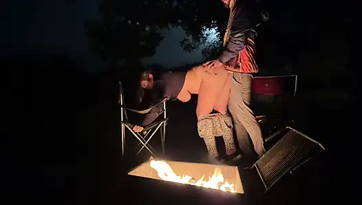 Wife caught masturbating in public restroom, then fucked by the campfire