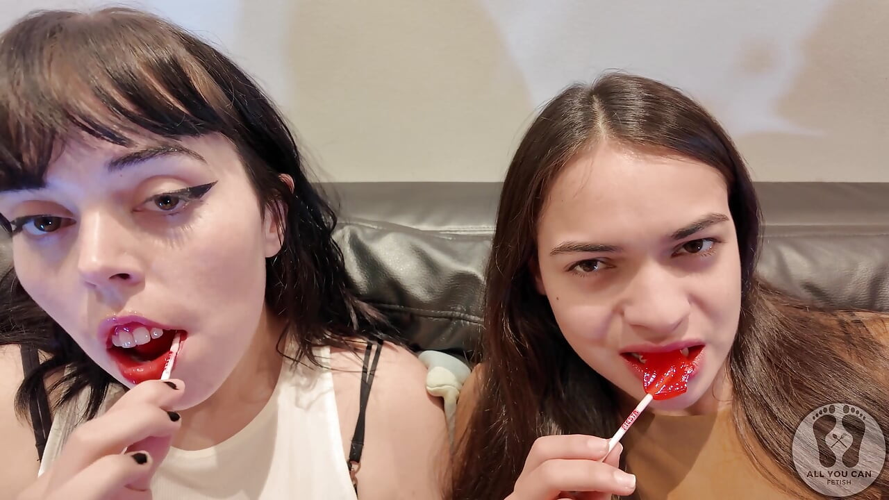 Four Girls Lollipop Chewing Gum Fetish Kissing Licking