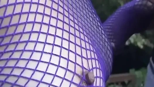MILF in Purple Fishnet Gets Hot Facial Cum