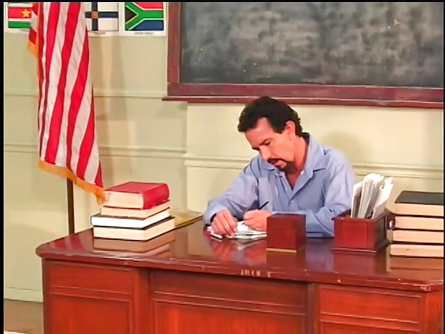 Hot ass chick on desk gets cum in mouth after hot fucking from teacher dude