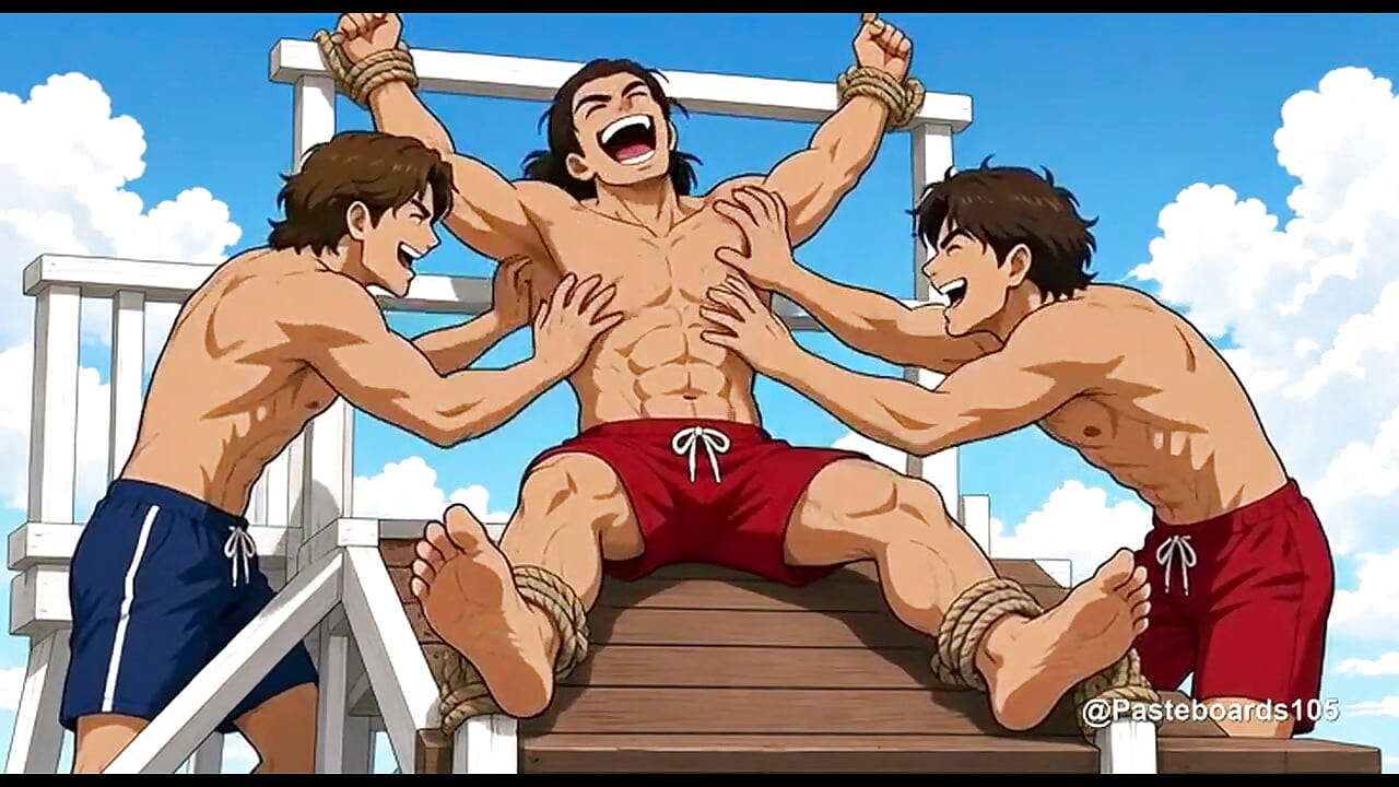 Vastgebonden aan de reling van de reddingstoren - blote handen op zijn voetzolen en oksels (2D Anime)