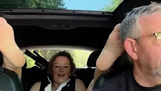 Wife Rubs Out Multiple Orgasms, Road Trip, Back Seat, Teasing Her Man