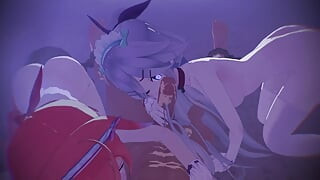 MMD R18 Koramiral ve Yamakaze ve Ekaze onu bir succubus hentai olması için eğittiler