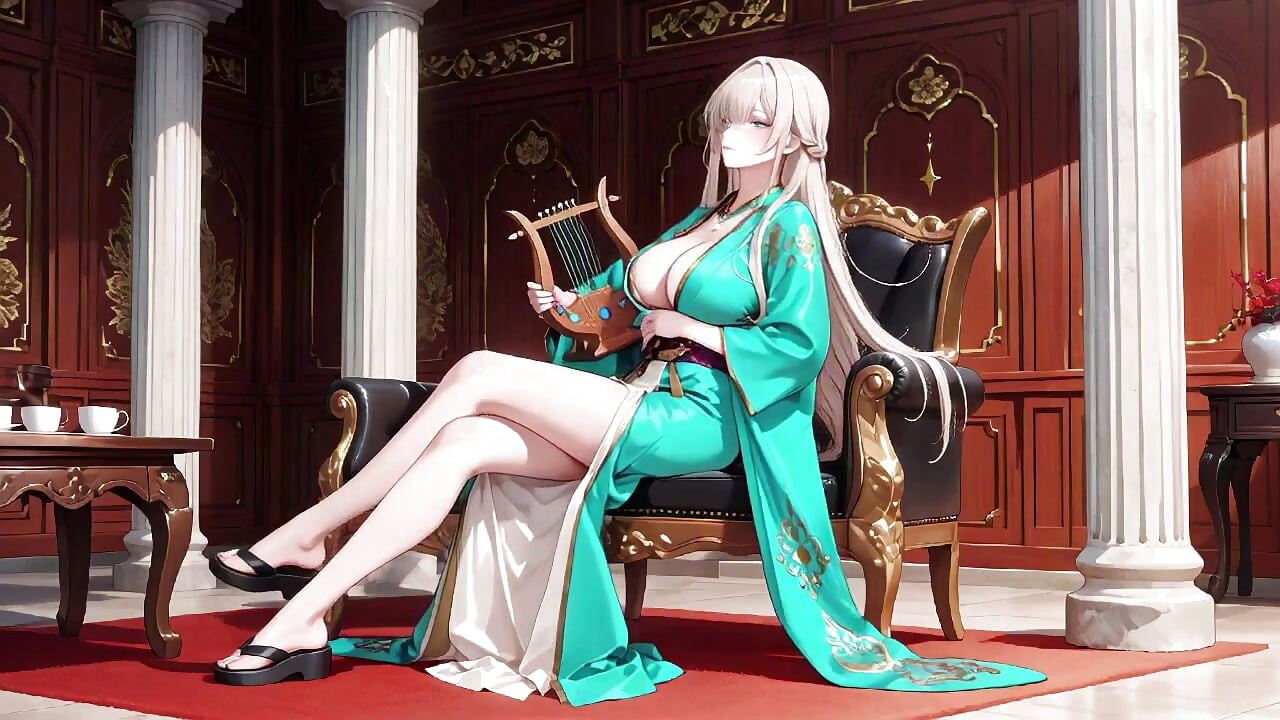 Blonde in a Green Kimono! Lazy Terrace Reading, off-shoulder Design Is Too Sinful!