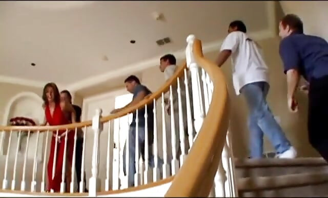 Busty whore gets fucked hard by studs and eats cum off a plate
