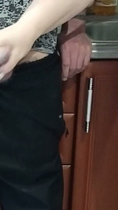 hot cum in mother-in-law's mouth after jerking off a dick in the kitchen | Clip 1