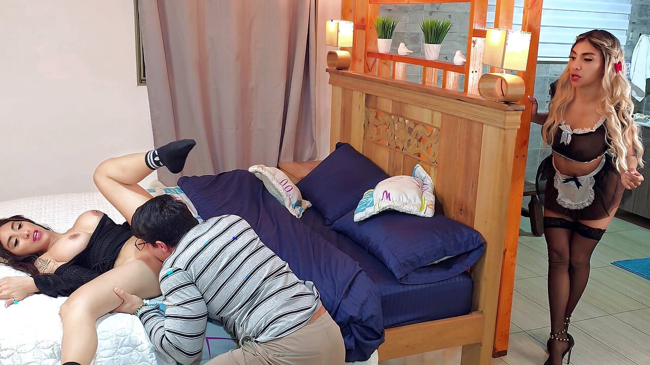 Cheating boyfriend! While his girlfriend is in bed, he's having sex with the cleaning lady! BOTH CREAMPIED!