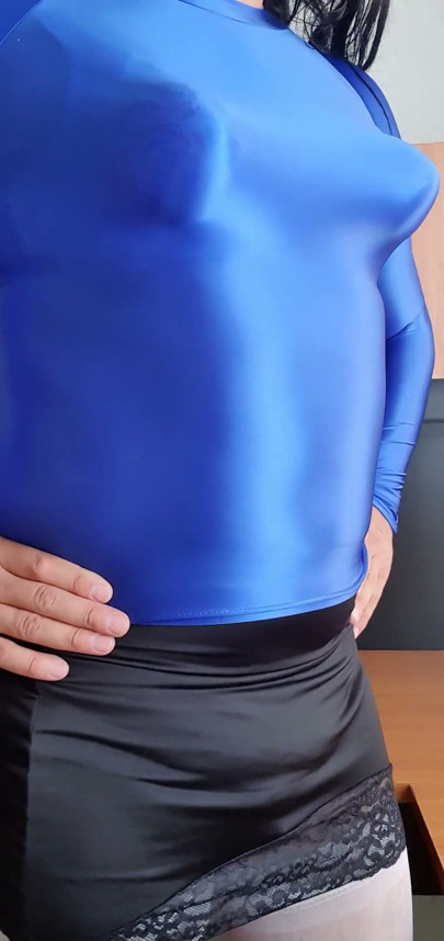 Modeling My Blue Spandex Blouse and Pointy Tits