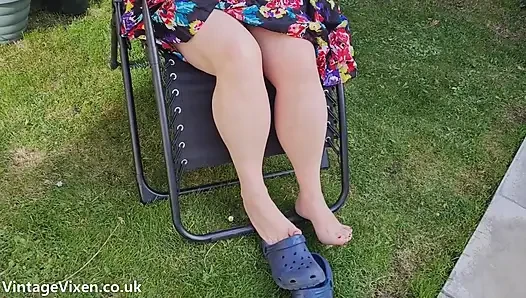 Flirty Aunt Flashes Her Hairy Pussy in the Garden