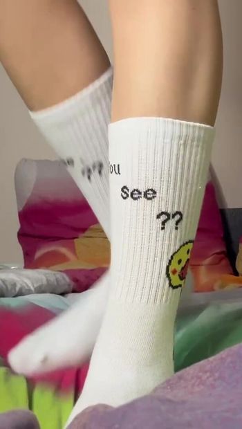 Worship of big feet in socks - Goddesses with big soles walking next to you - a giantess teases with her long white socks