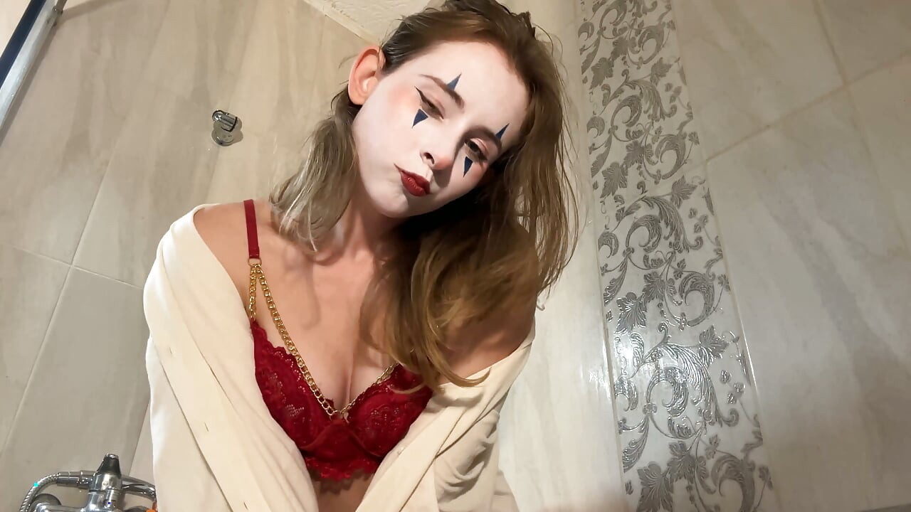 Clown Makeup Red Lingerie Pixie - Steamy Shower Tease to Wet Ride