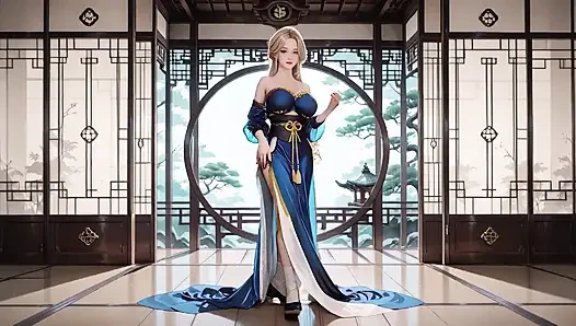 Blonde Goddess in Silk! Lazy Strolls, Kneeling Glances, and Fingertips Grazing Her Chest in a Sun-drenched Japanese Corridor