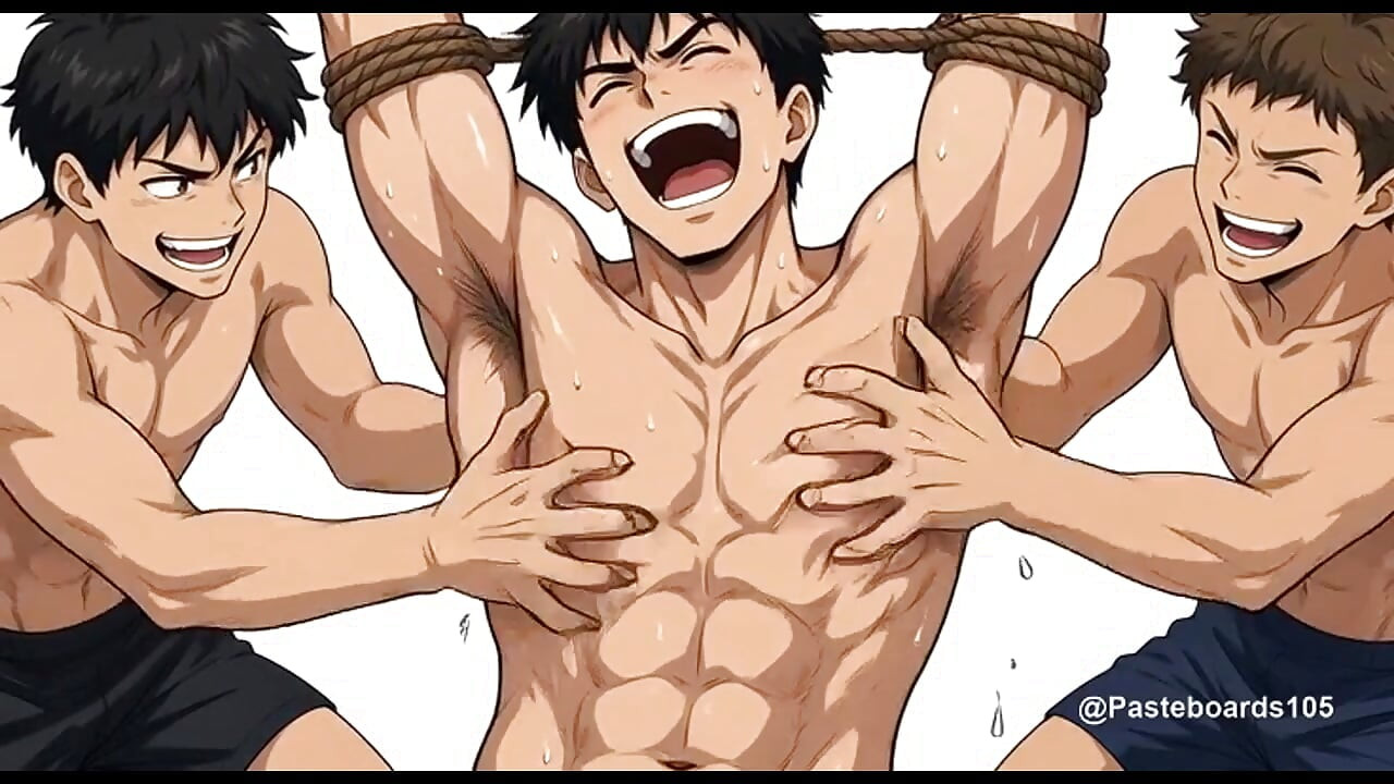 Strung Up By The Wrists II - Bare Hands On A Bound Muscle Jock's Armpits And Ribs (2D Anime Bara)