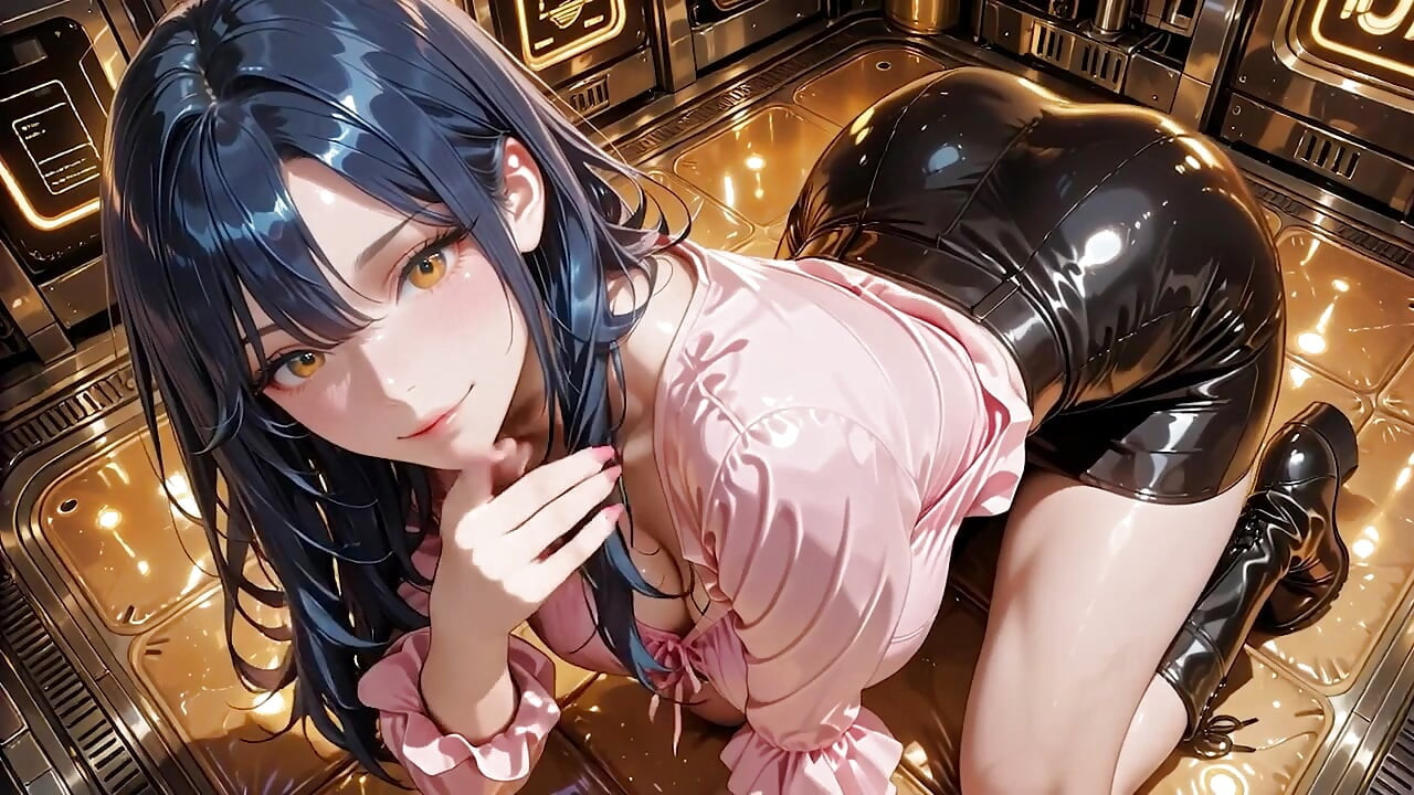 Blue-Haired Golden-Eyed Goddess in Pink Satin Blouse Black Shiny Mini Skirt Thigh-High Boots