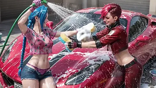 Jinx und ich haben gesehen, wie wir den roten Ferrari nass und schaumig gewaschen haben