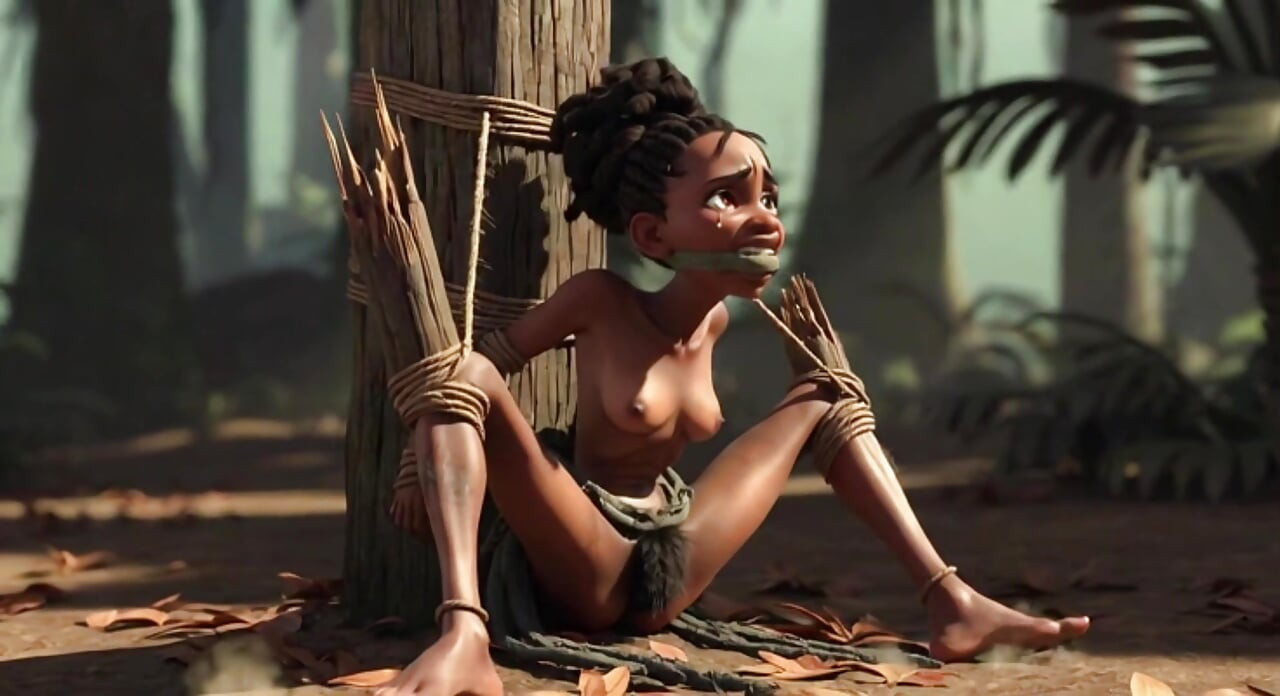 İp esaretinde bağlı Afrikalı kız - kıllı ıslak amcık yarak için can atıyor