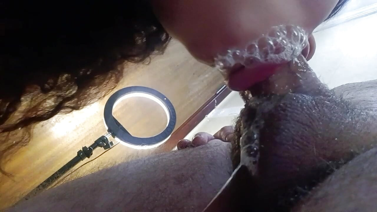 EXTREME CLOSE UP, DRIPPING ALL HER HOT SALIVA DOWN THE CUCKOLD'S HARD COCK